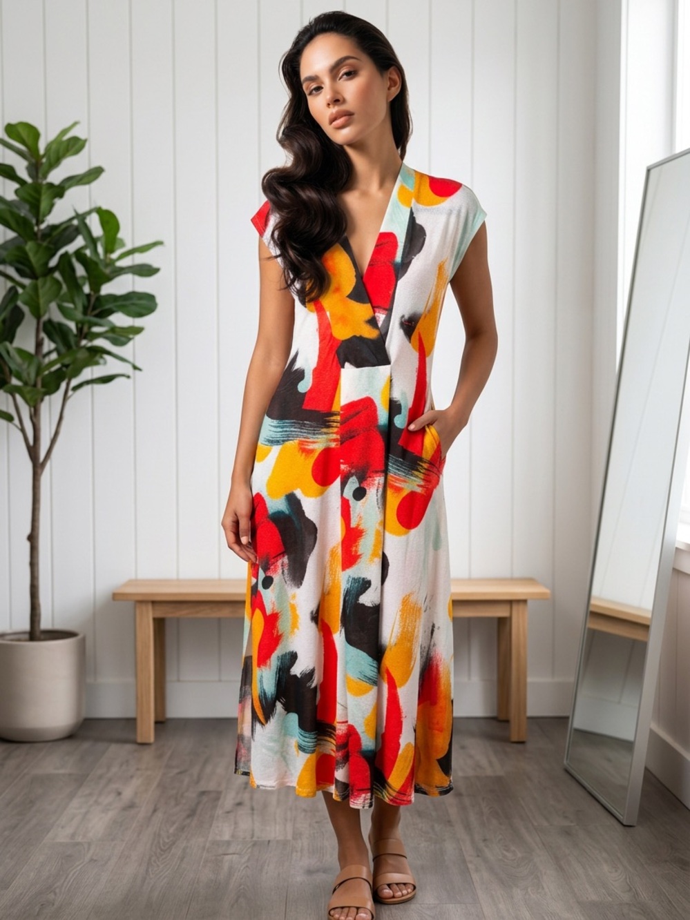 ZARA Abstract Art Print Maxi Dress Deep V-Neck Multicolor Size S